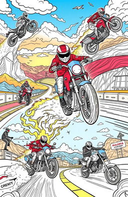 A collection of intricate coloring book pages featuring various motorcycles and bikers showcasing dynamic Moto skills