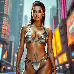 A futuristic scene featuring a woman standing confidently in a stylish bikini with metallic elements