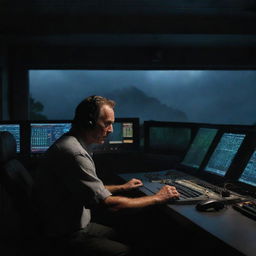 In the midst of the storm, a scheming individual is seen in a control room, turning off the power supply to the island, plunging the Jurassic-themed park into darkness - creating an ominous and tense ambiance.