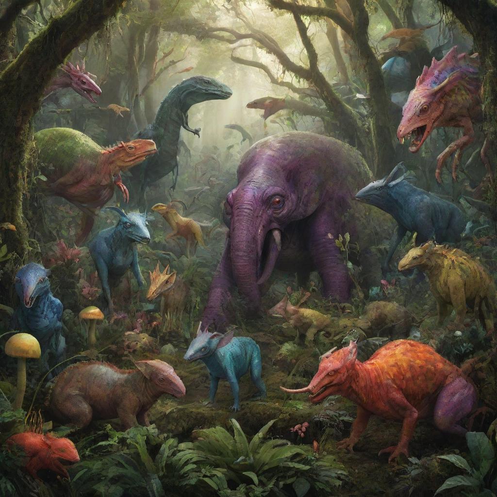 An array of strange, colorful and imaginative creatures, mingling in a lush, alien forest. The creatures, diverse in shape, size and color, display characteristics of both earthly animals and fantastical beasts.