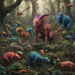 An array of strange, colorful and imaginative creatures, mingling in a lush, alien forest. The creatures, diverse in shape, size and color, display characteristics of both earthly animals and fantastical beasts.