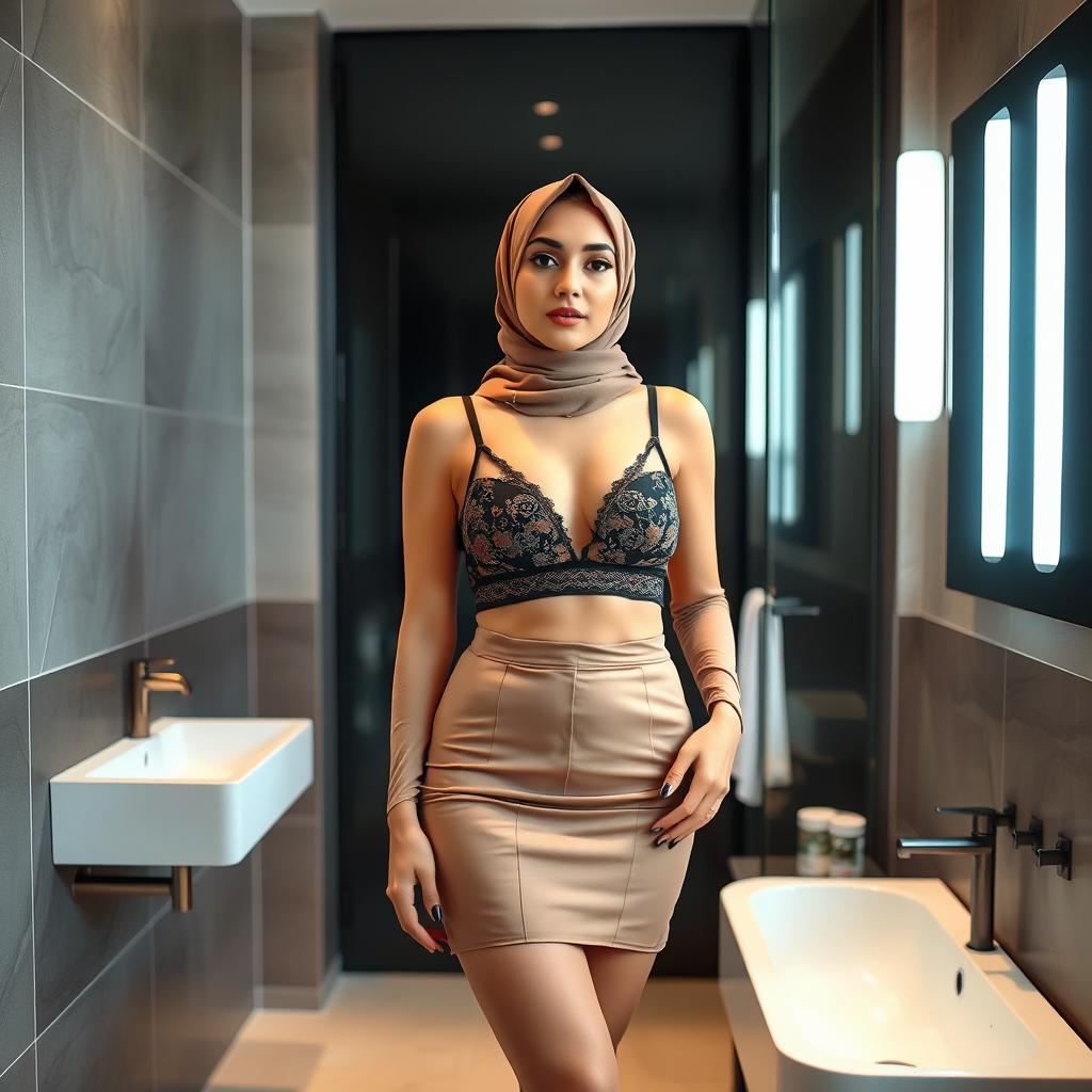 A woman wearing a hijab, standing confidently in a stylish modern bathroom