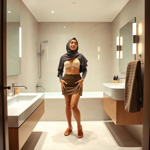 A woman wearing a hijab, standing confidently in a stylish modern bathroom alongside a man