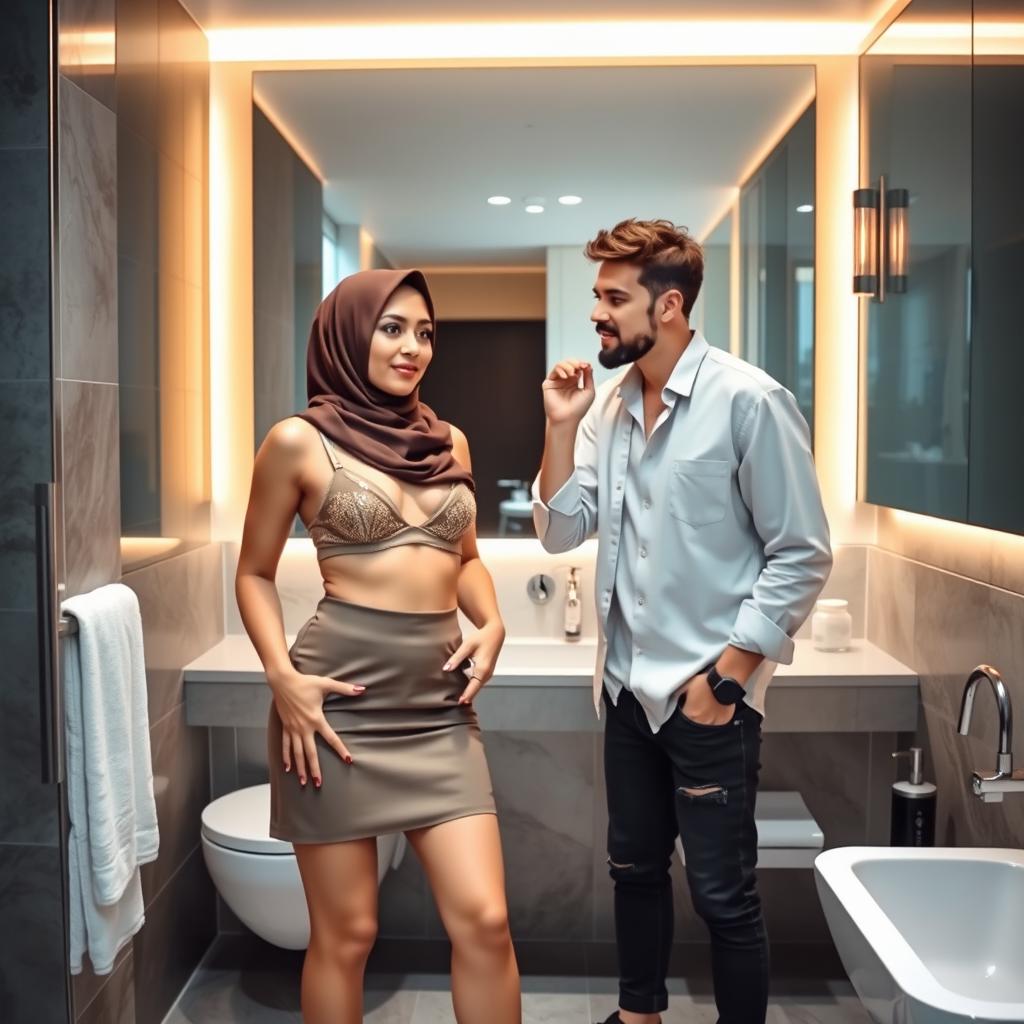 A woman wearing a hijab, standing confidently in a stylish modern bathroom alongside a man