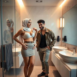 A woman wearing a hijab, standing confidently in a stylish modern bathroom alongside a man