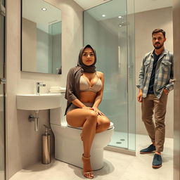 A woman wearing a hijab, seated gracefully on a modern toilet in a stylish bathroom