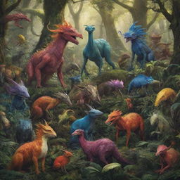 An array of strange, colorful and imaginative creatures, mingling in a lush, alien forest. The creatures, diverse in shape, size and color, display characteristics of both earthly animals and fantastical beasts.