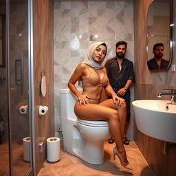 A woman wearing a hijab, seated gracefully on a modern toilet in a stylish bathroom