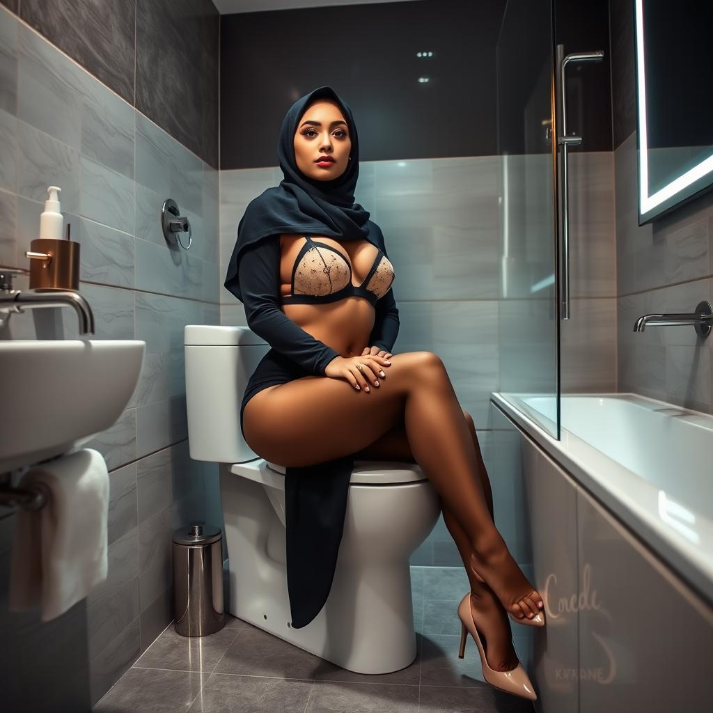 A woman wearing a hijab, confidently seated on a modern toilet in a stylish bathroom