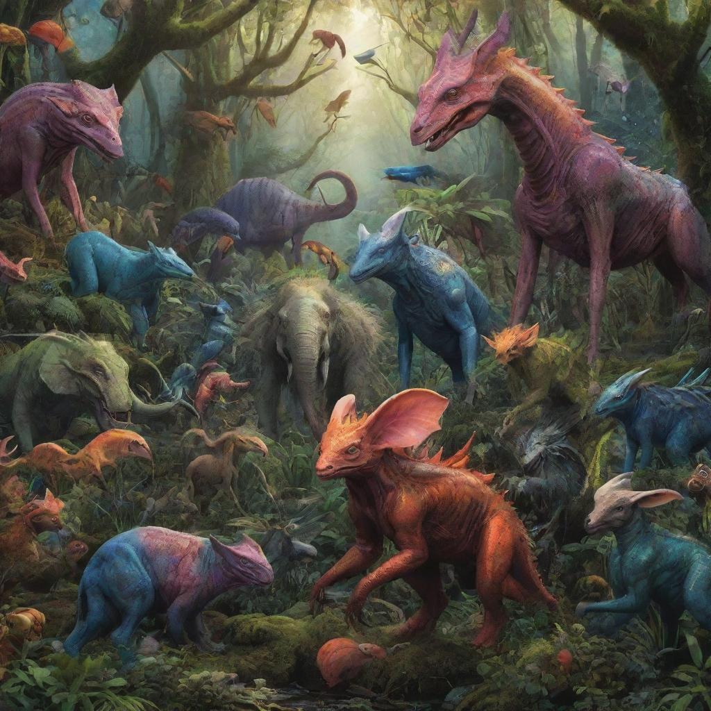 An array of strange, colorful and imaginative creatures, mingling in a lush, alien forest. The creatures, diverse in shape, size and color, display characteristics of both earthly animals and fantastical beasts.