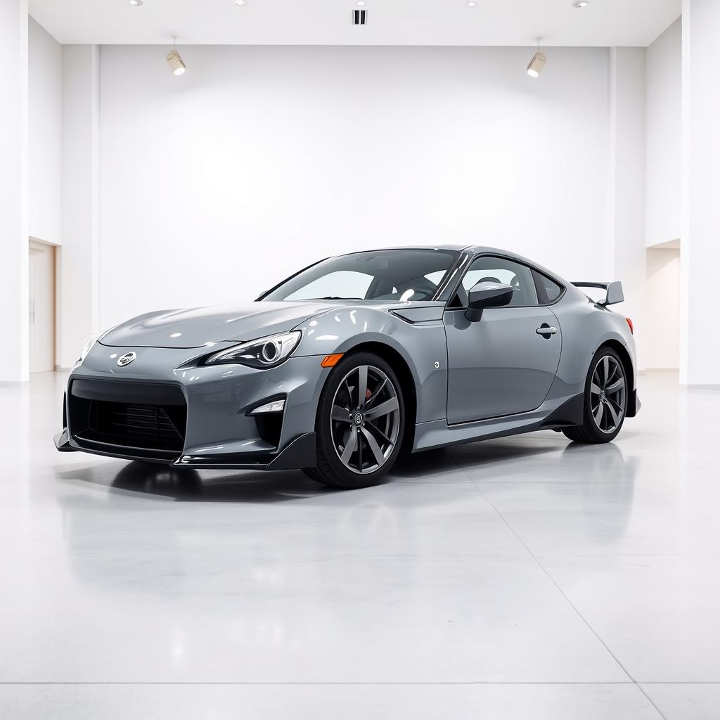 A Nissan Silvia S15 in a sleek Nardo grey color, showcased prominently in the center of a bright and spacious white showroom