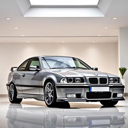 A stunning BMW M3 E36 in Nardo Grey color, prominently displayed in a bright, white showroom