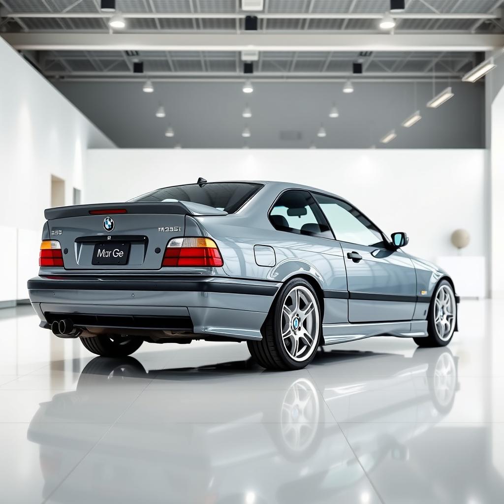 A stunning BMW M3 E36 in Nardo Grey color, prominently displayed in a bright, white showroom