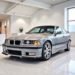 A stunning BMW M3 E36 in Nardo Grey color, prominently displayed in a bright, white showroom