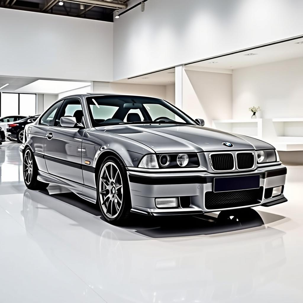 A stunning BMW M3 E36 in Nardo Grey color, prominently displayed in a bright, white showroom