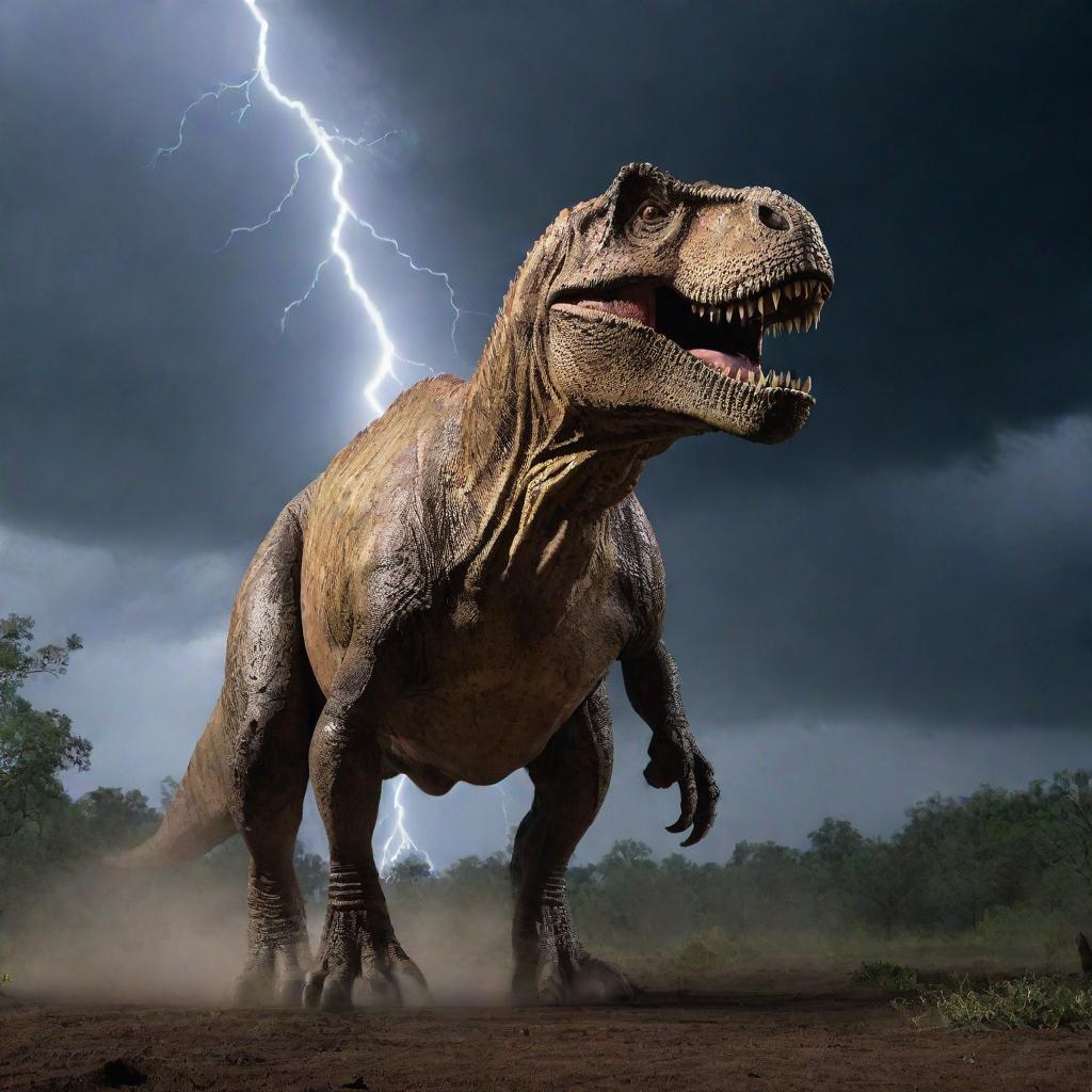 Under the battering storm, the electrified enclosure of the Tyrannosaurus Rex stands ominously powerless. The colossal beast sniffs the air, sensing the absence of the electric current, its eyes glowing in the dark.