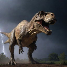 Under the battering storm, the electrified enclosure of the Tyrannosaurus Rex stands ominously powerless. The colossal beast sniffs the air, sensing the absence of the electric current, its eyes glowing in the dark.