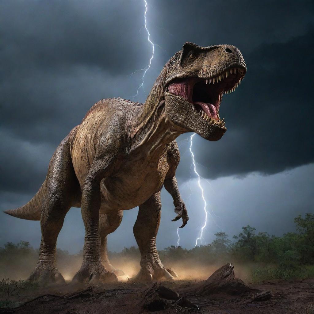 Under the battering storm, the electrified enclosure of the Tyrannosaurus Rex stands ominously powerless. The colossal beast sniffs the air, sensing the absence of the electric current, its eyes glowing in the dark.