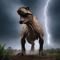 Under the battering storm, the electrified enclosure of the Tyrannosaurus Rex stands ominously powerless. The colossal beast sniffs the air, sensing the absence of the electric current, its eyes glowing in the dark.