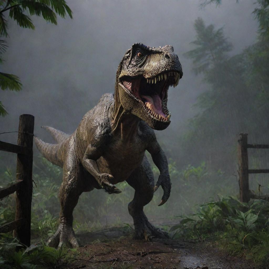 The Tyrannosaurus Rex, in the storm's chaos and amidst the darkness, violently attacks the non-electrified fence of its enclosure, breaking it apart and freeing itself into the open jungle of the Jurassic-themed island.