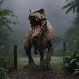 The Tyrannosaurus Rex, in the storm's chaos and amidst the darkness, violently attacks the non-electrified fence of its enclosure, breaking it apart and freeing itself into the open jungle of the Jurassic-themed island.