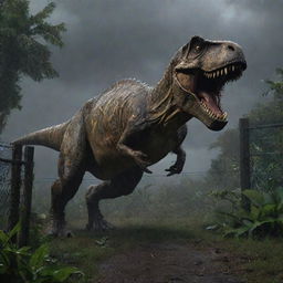 The Tyrannosaurus Rex, in the storm's chaos and amidst the darkness, violently attacks the non-electrified fence of its enclosure, breaking it apart and freeing itself into the open jungle of the Jurassic-themed island.