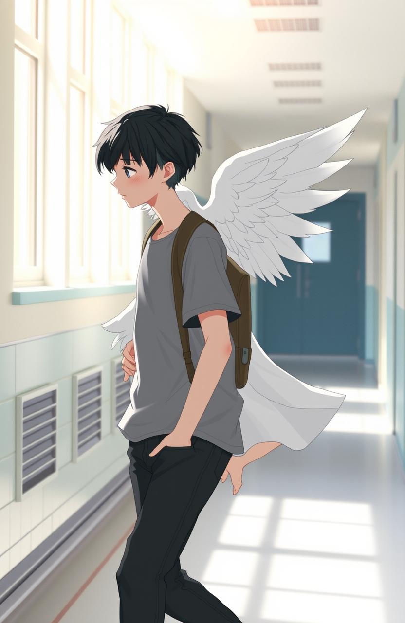 A male high school student with black hair walking, wearing a casual outfit, looking ahead with a determined expression