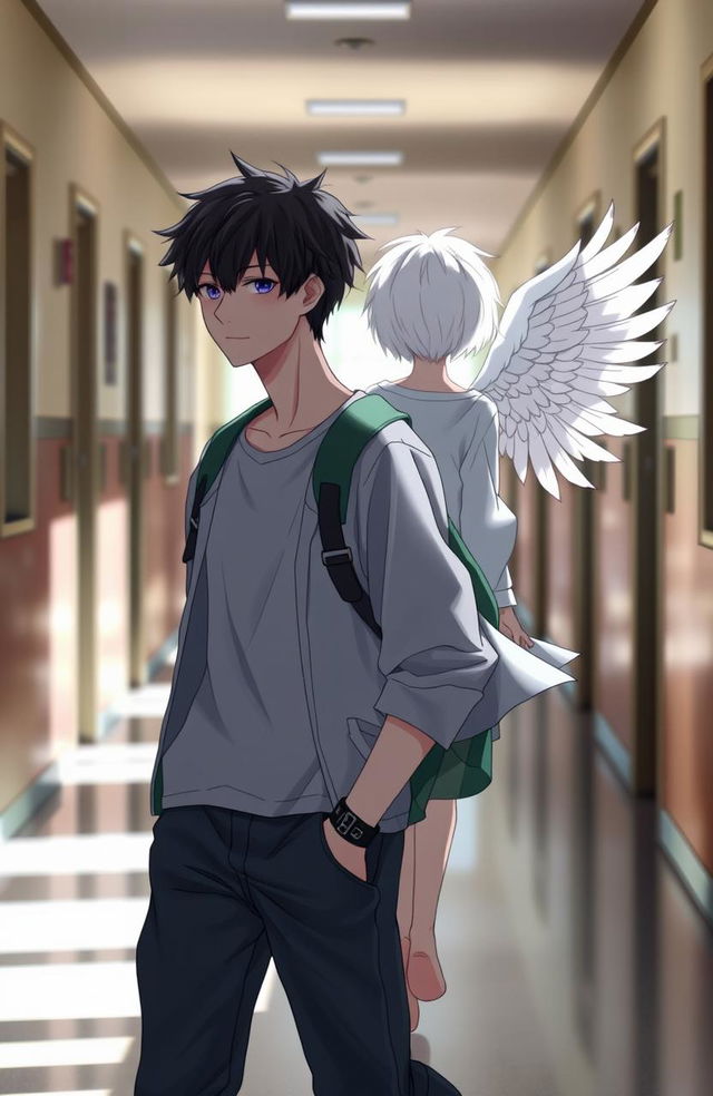 A male high school student with black hair walking, wearing a casual outfit, looking ahead with a determined expression