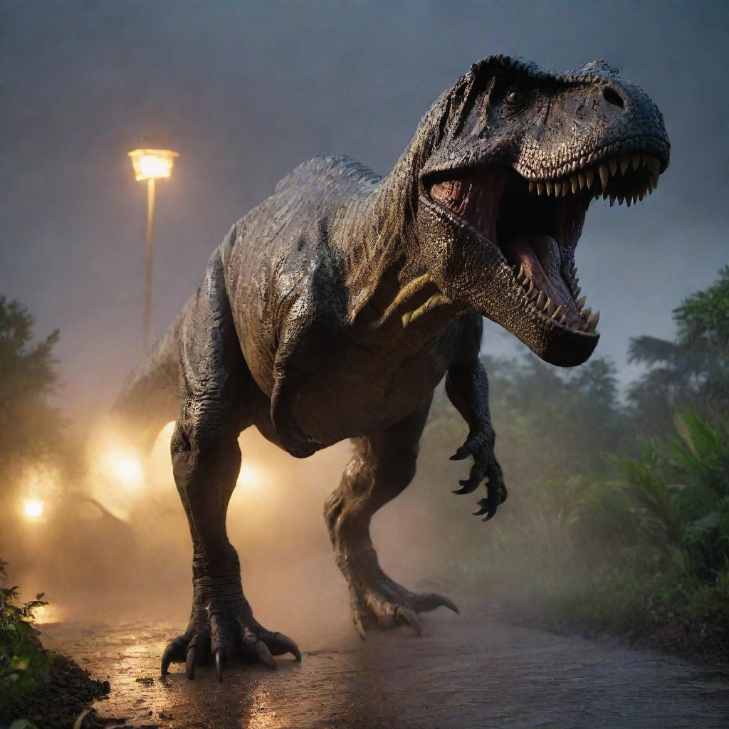 In darkness pierced only by the flashes of the roaring storm, the unleashed Tyrannosaurus Rex pursues fleeing park visitors across the Jurassic-themed park. The scene is an adrenalin-fueled chase, fear and steel echoing in the sprinting footsteps.