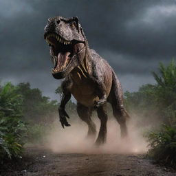 In darkness pierced only by the flashes of the roaring storm, the unleashed Tyrannosaurus Rex pursues fleeing park visitors across the Jurassic-themed park. The scene is an adrenalin-fueled chase, fear and steel echoing in the sprinting footsteps.