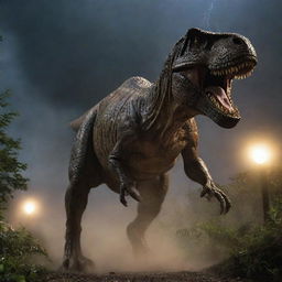 In darkness pierced only by the flashes of the roaring storm, the unleashed Tyrannosaurus Rex pursues fleeing park visitors across the Jurassic-themed park. The scene is an adrenalin-fueled chase, fear and steel echoing in the sprinting footsteps.