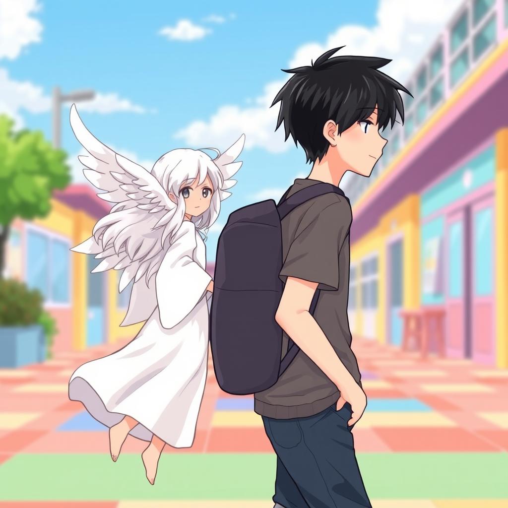 A cartoon-style depiction of a male high school student with black hair walking, shown from the side and facing to the left while wearing a casual outfit