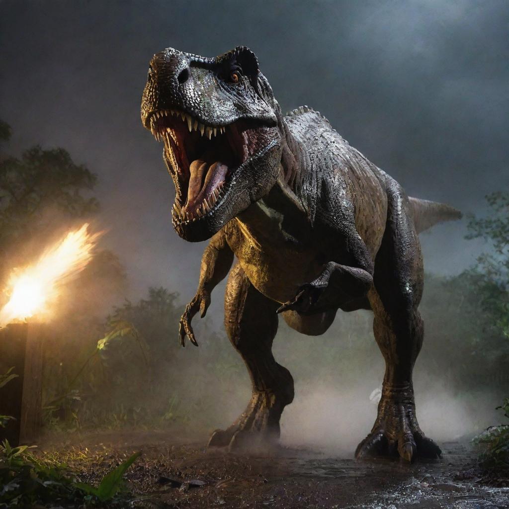 In darkness pierced only by the flashes of the roaring storm, the unleashed Tyrannosaurus Rex pursues fleeing park visitors across the Jurassic-themed park. The scene is an adrenalin-fueled chase, fear and steel echoing in the sprinting footsteps.