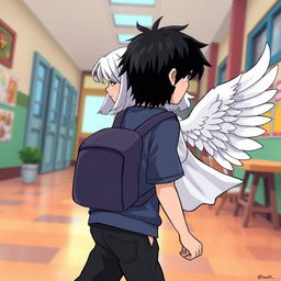 A cartoon-style depiction of a male high school student with black hair walking, shown from the side and facing to the left while wearing a casual outfit