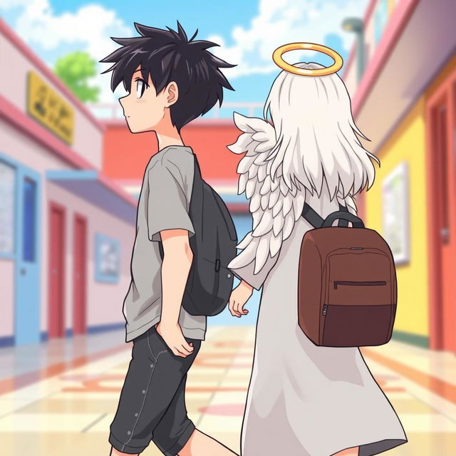 A cartoon-style depiction of a male high school student with black hair walking, shown from the side and facing to the left while wearing a casual outfit