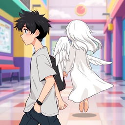 A cartoon-style depiction of a male high school student with black hair walking, shown from the side and facing to the left while wearing a casual outfit