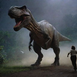 In the throes of the stormy night, people are seen screaming and panicking, as they attempt to outrun the fearsome Tyrannosaurus Rex let loose in the Jurassic Park.