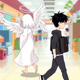 A cartoon-style illustration of a male high schooler with black hair walking, shown from the side and facing left while wearing a casual outfit