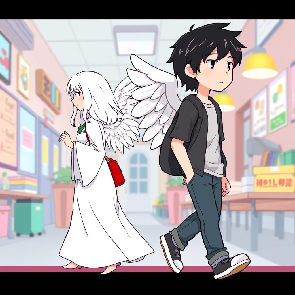 A cartoon-style illustration of a male high schooler with black hair walking, shown from the side and facing left while wearing a casual outfit