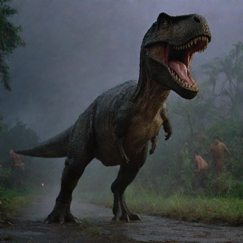 In the throes of the stormy night, people are seen screaming and panicking, as they attempt to outrun the fearsome Tyrannosaurus Rex let loose in the Jurassic Park.