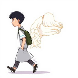 A cartoon-style illustration of a male high school student with black hair walking, depicted from the side and facing left, with a casual outfit and no facial features