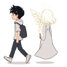 A cartoon-style illustration of a male high school student with black hair walking, depicted from the side and facing left, with a casual outfit and no facial features