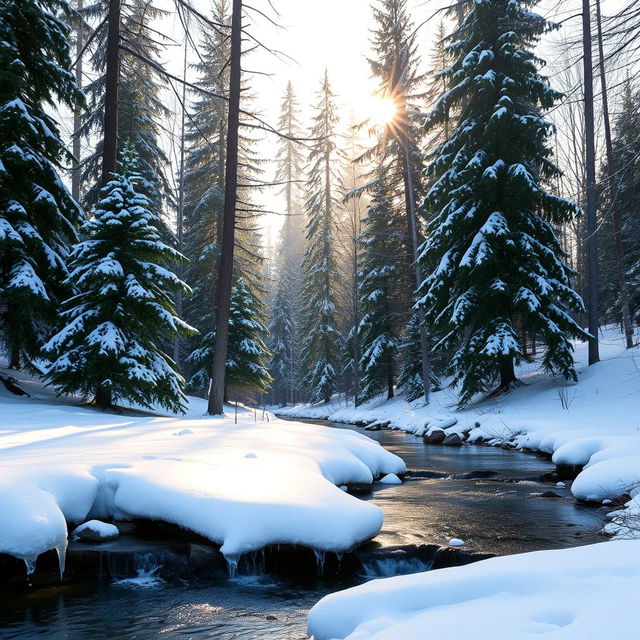 A serene winter landscape featuring a snow-covered forest with tall evergreen trees