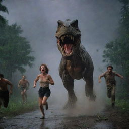 In the throes of the stormy night, people are seen screaming and panicking, as they attempt to outrun the fearsome Tyrannosaurus Rex let loose in the Jurassic Park.