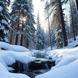 A serene winter landscape featuring a snow-covered forest with tall evergreen trees