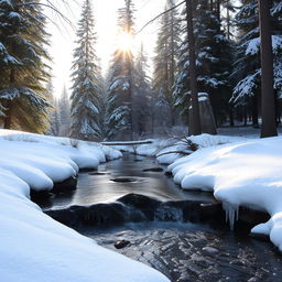 A serene winter landscape featuring a snow-covered forest with tall evergreen trees