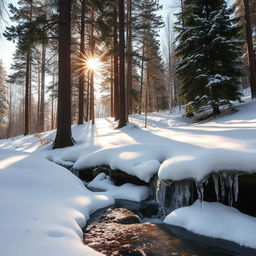 A serene winter landscape featuring a snow-covered forest with tall evergreen trees