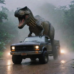 The scheming individual leaving the control room, entering his rugged vehicle, and speeding away across the rain-soaked Jurassic park, leaving behind the sounds of distant screams and roars of the unleashed T-Rex.