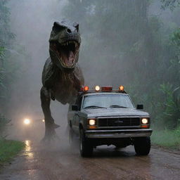 The scheming individual leaving the control room, entering his rugged vehicle, and speeding away across the rain-soaked Jurassic park, leaving behind the sounds of distant screams and roars of the unleashed T-Rex.