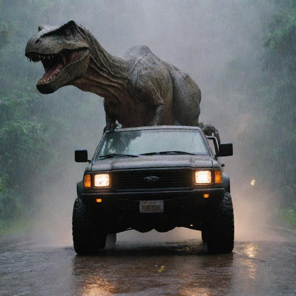 The scheming individual leaving the control room, entering his rugged vehicle, and speeding away across the rain-soaked Jurassic park, leaving behind the sounds of distant screams and roars of the unleashed T-Rex.